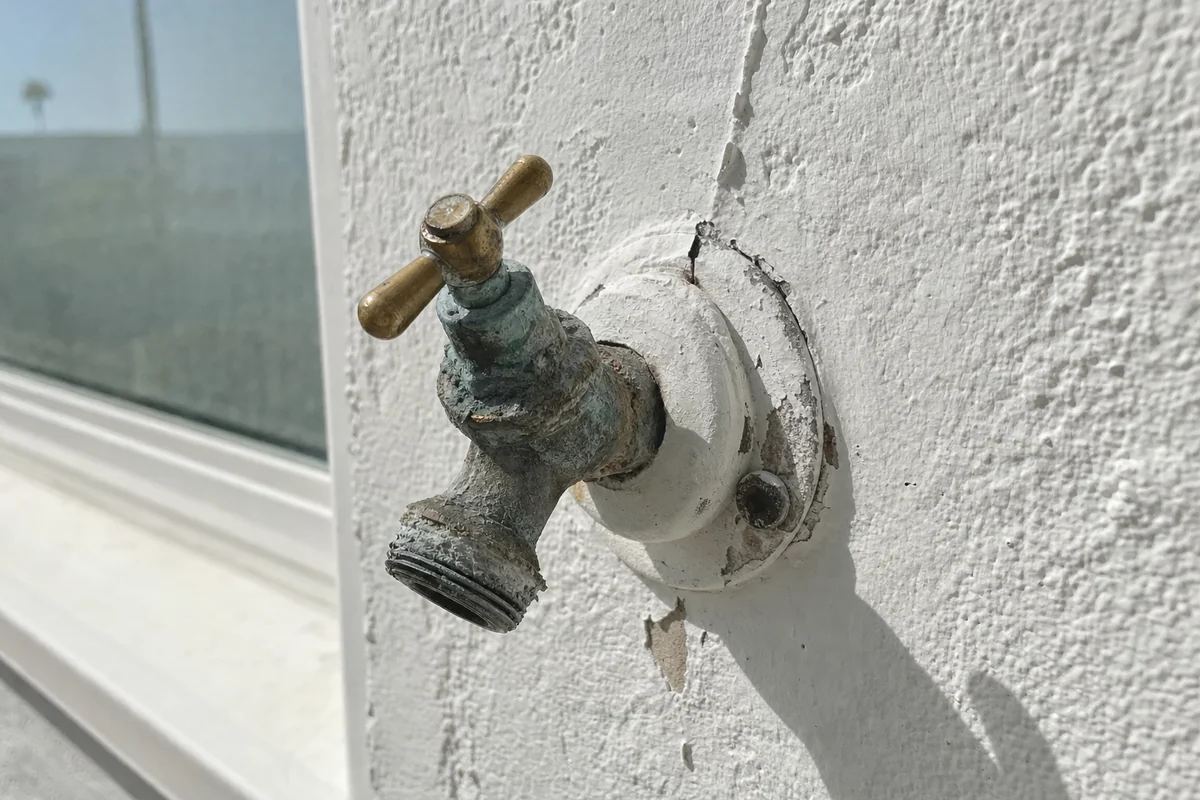 Salt-corroded brass hose bib on a Malibu beach house stucco wall